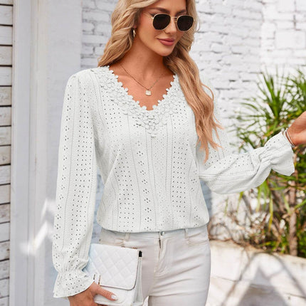 Applique V-Neck Flounce Sleeve T-Shirt - MimiStylez