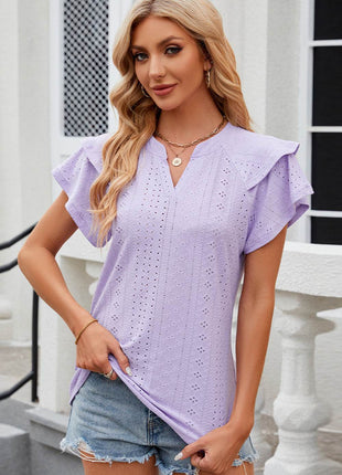 Eyelet Notched Flutter Sleeve T-Shirt - MimiStylez