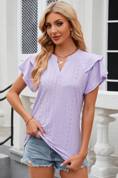Eyelet Notched Flutter Sleeve T-Shirt - MimiStylez