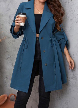 Plus Size Lapel Collar Drawstring Roll-Tab Sleeve Trench Coat - MimiStylez
