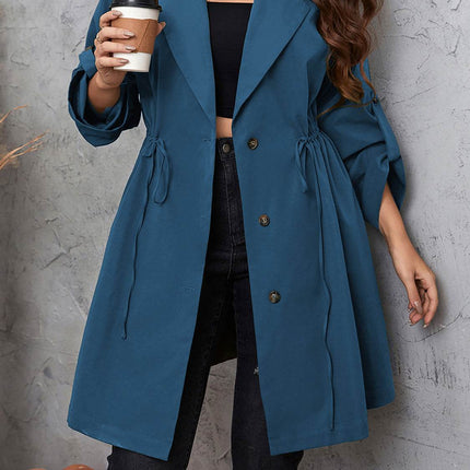 Plus Size Lapel Collar Drawstring Roll-Tab Sleeve Trench Coat - MimiStylez