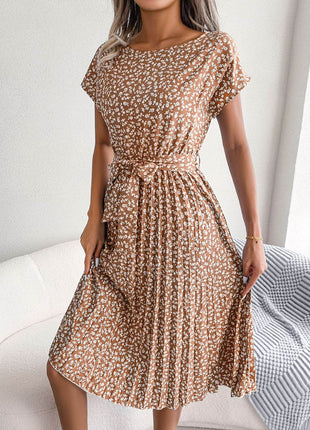 Ditsy Floral Pleated Belted Dress - MimiStylez