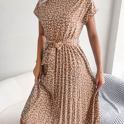 Ditsy Floral Pleated Belted Dress - MimiStylez