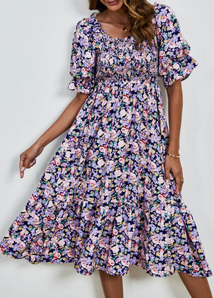 Smocked Floral Square Neck Short Sleeve Dress - MimiStylez