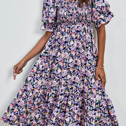 Smocked Floral Square Neck Short Sleeve Dress - MimiStylez