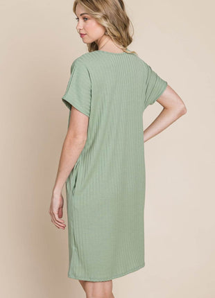 BOMBOM Ribbed Round Neck Short Sleeve Dress - MimiStylez