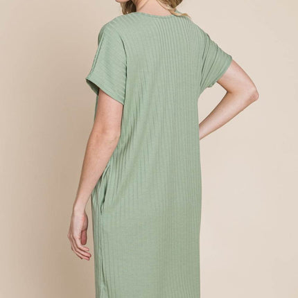BOMBOM Ribbed Round Neck Short Sleeve Dress - MimiStylez
