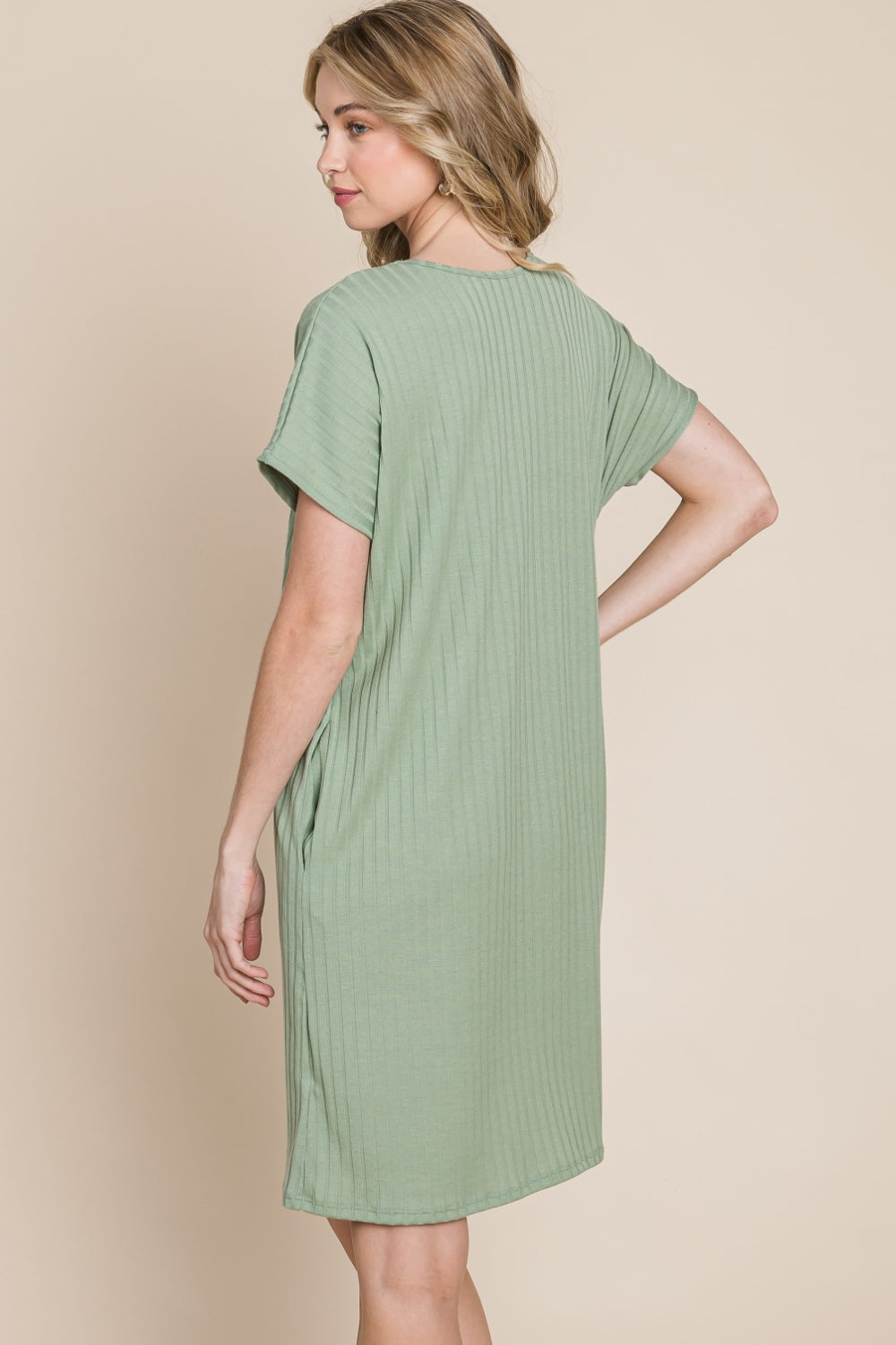 BOMBOM Ribbed Round Neck Short Sleeve Dress