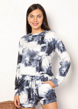 Shiny Tie-Dye Round Neck Top and Shorts Lounge Set - MimiStylez