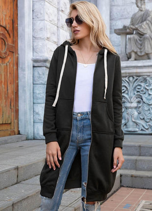Zip-Up Longline Hoodie with Pockets - MimiStylez