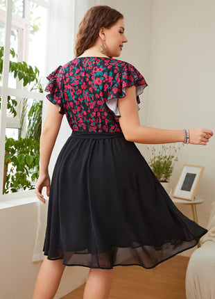 Plus Size Floral Surplice Neck Flutter Sleeve Dress - MimiStylez