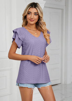 Eyelet Layered Flutter Sleeve V-Neck Knit Top - MimiStylez