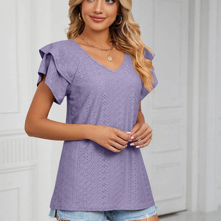 Eyelet Layered Flutter Sleeve V-Neck Knit Top - MimiStylez