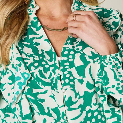 Double Take Full Size Printed Ruffle Trim Balloon Sleeve Shirt - MimiStylez