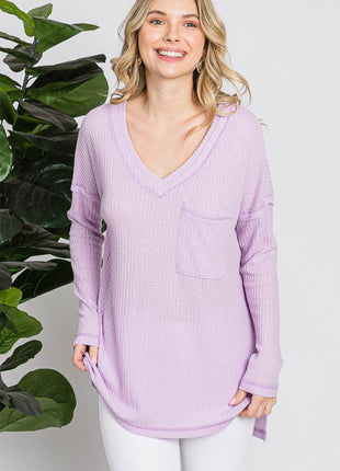 Reborn J Waffle Knit V-Neck Long Sleeve T-Shirt - MimiStylez