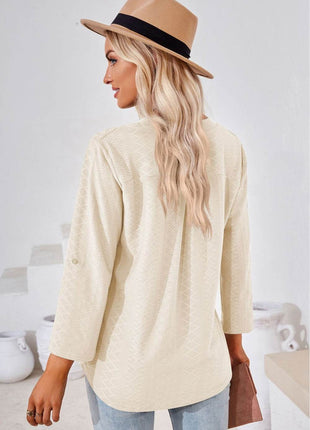 V-Neck Roll-Tap Sleeve Blouse - MimiStylez