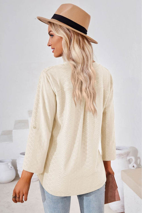 V-Neck Roll-Tap Sleeve Blouse - MimiStylez