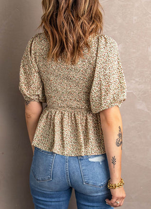 Smocked Balloon Sleeve Peplum Blouse - MimiStylez