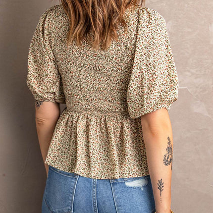 Smocked Balloon Sleeve Peplum Blouse - MimiStylez