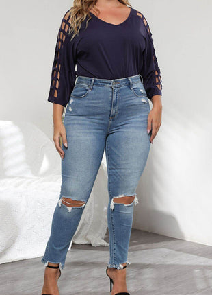 Plus Size Cutout Three-Quarter Sleeve Blouse - MimiStylez
