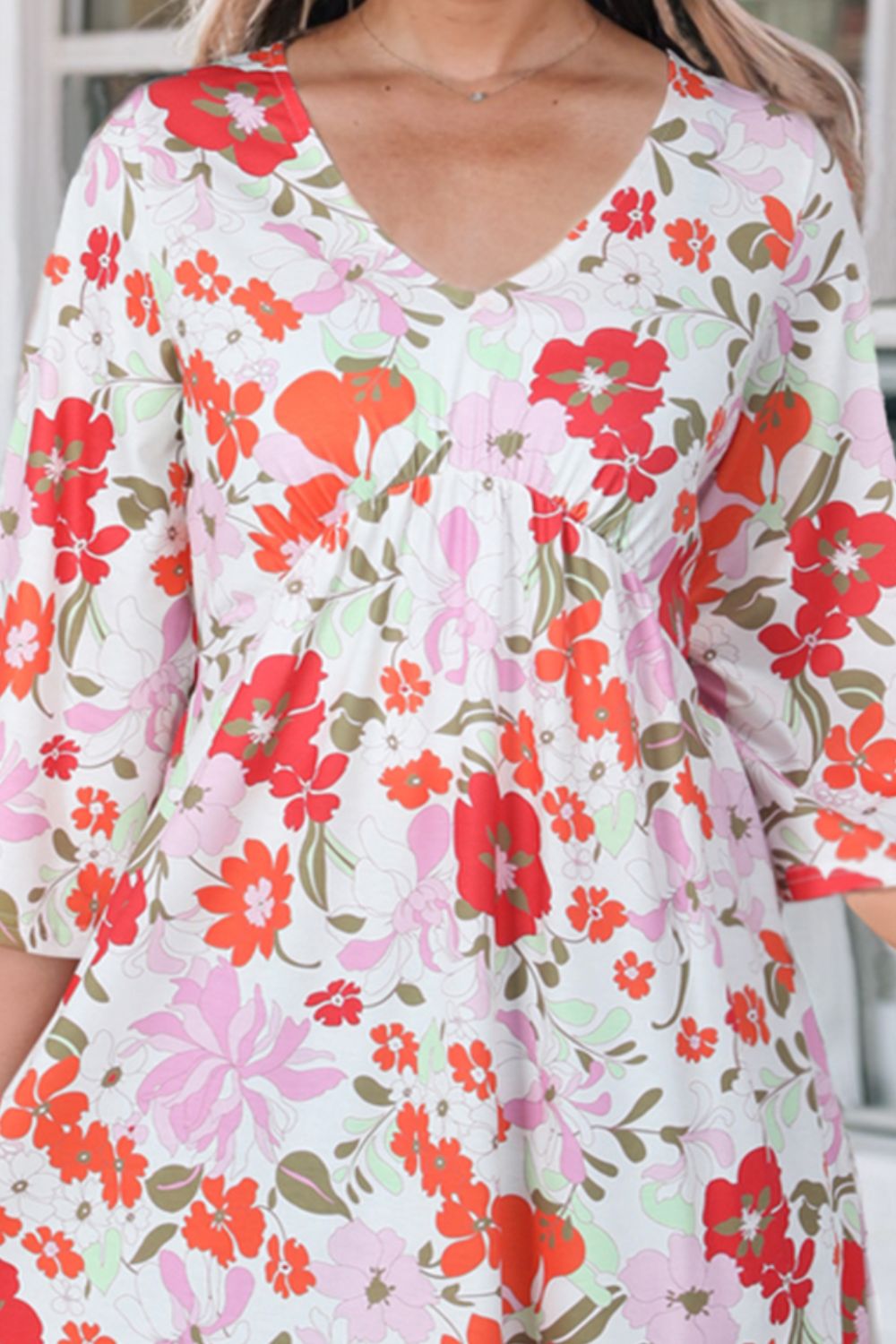 Floral V-Neck Three-Quarter Sleeve Mini Dress