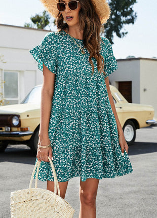 Short Flounce Sleeve Tiered Dress - MimiStylez