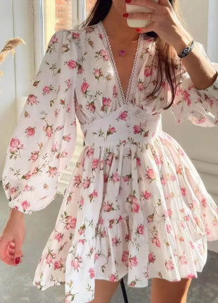 Full Size Floral Print Lace Detail V-Neck Mini Dress Plus SIze - MimiStylez