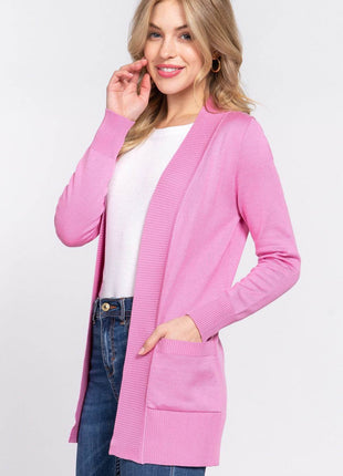 ACTIVE BASIC Ribbed Trim Open Front Cardigan - MimiStylez