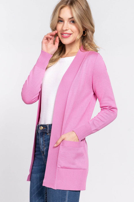 ACTIVE BASIC Ribbed Trim Open Front Cardigan - MimiStylez