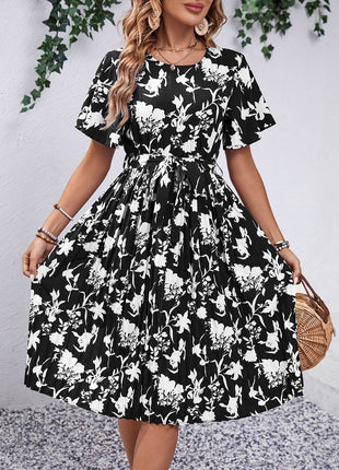 Printed Round Neck Short Sleeve Dress - MimiStylez