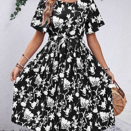 Printed Round Neck Short Sleeve Dress - MimiStylez