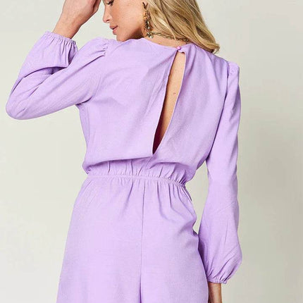 Double Take Full Size Drawstring Long Sleeve Romper - MimiStylez