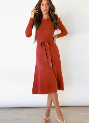 Round Neck Long Sleeve Tie Waist Sweater Dress - MimiStylez