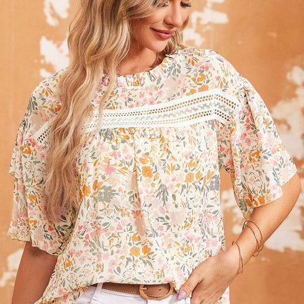 Floral Round Neck Short Sleeve Blouse - MimiStylez