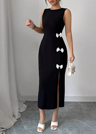 Bow Slit Round Neck Sleeveless Dress - MimiStylez