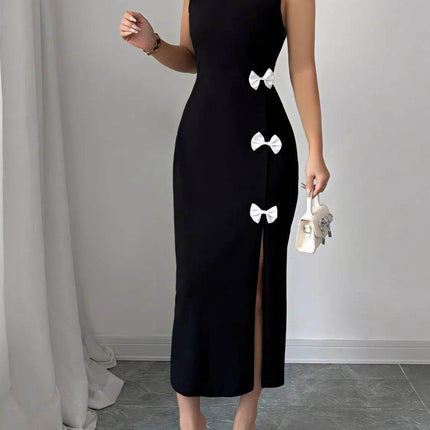 Bow Slit Round Neck Sleeveless Dress - MimiStylez