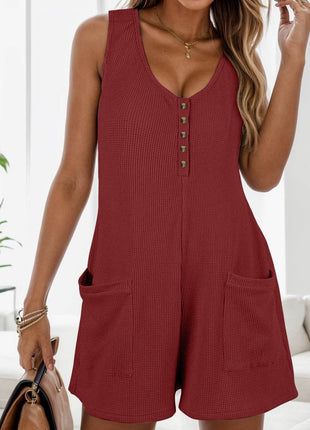 Waffle-Knit Scoop Neck Wide Strap Romper - MimiStylez