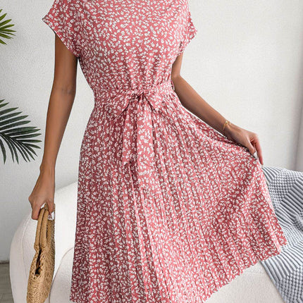 Ditsy Floral Pleated Belted Dress - MimiStylez