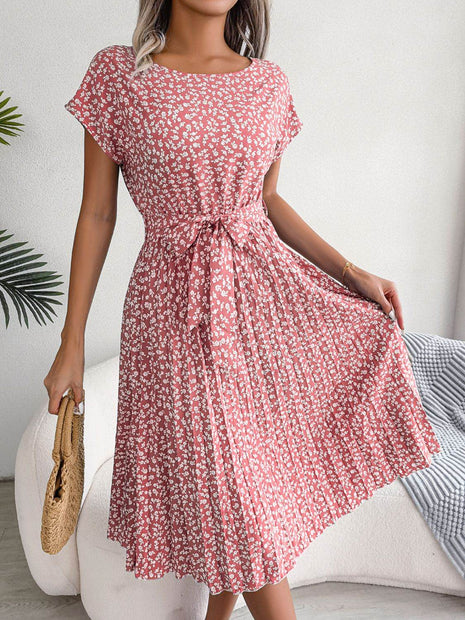 Ditsy Floral Pleated Belted Dress - MimiStylez