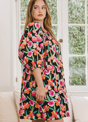 ODDI Full Size Floral Puff Sleeve Mini Dress - MimiStylez