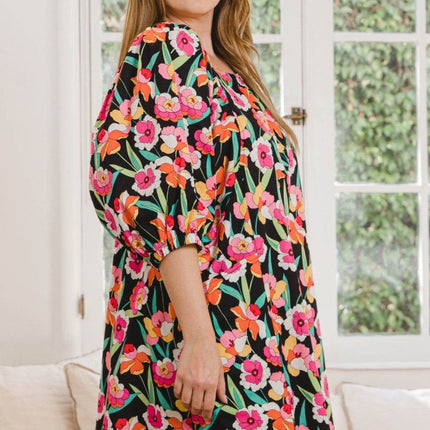ODDI Full Size Floral Puff Sleeve Mini Dress - MimiStylez