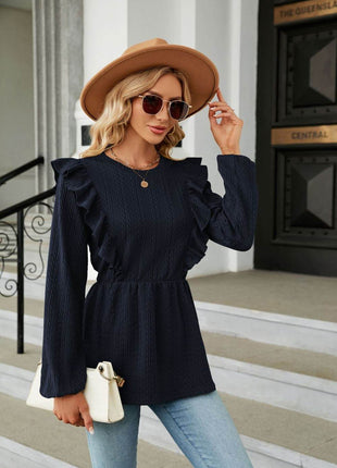 Round Neck Ruffled Peplum Blouse - MimiStylez