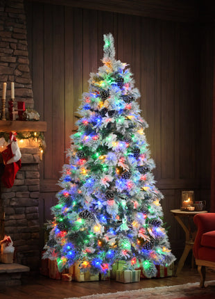 6FT Pre-Lit Spruce Snow Flocked Christmas Tree With Pine Cones, 250 Multi-Color LED Lights, 11 Flashing Modes