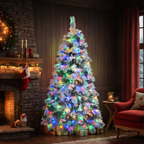 6FT Pre-Lit Spruce Snow Flocked Christmas Tree With Pine Cones, 250 Multi-Color LED Lights, 11 Flashing Modes