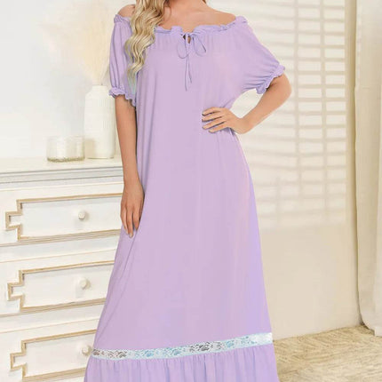 Lace Detail Short Sleeve Lounge Dress - MimiStylez