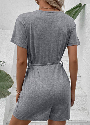 V-Neck Short Sleeve Tied Romper - MimiStylez