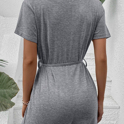 V-Neck Short Sleeve Tied Romper - MimiStylez