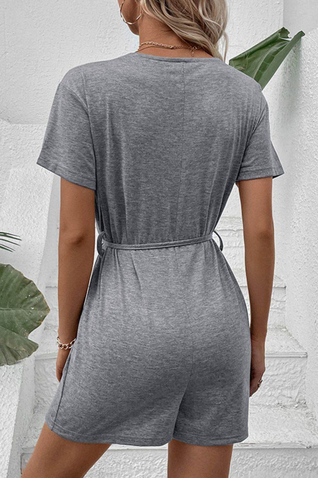 V-Neck Short Sleeve Tied Romper - MimiStylez