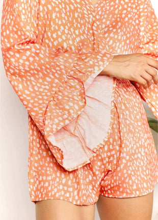 Double Take Printed Flare Sleeve Surplice Romper - MimiStylez