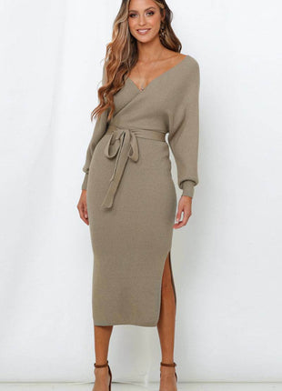 Surplice Neck Bow Waist Slit Sweater Dress - MimiStylez